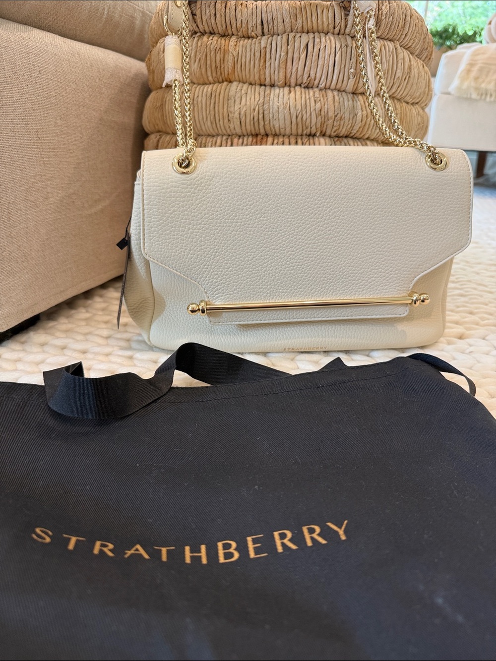 Strathberry Cream Leather Shoulder Bag with Gold Hardware